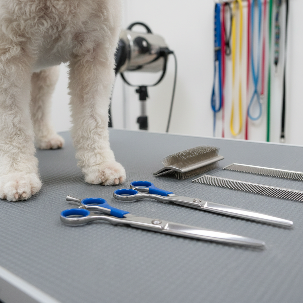 A detail shot of a groomed poodle’s freshly trimmed paws standing on a textured, non-slip grooming mat, the fur around the paws perfectly rounded and even. Beside the paws, gleaming stainless steel scissors, a slicker brush, and a fine-tooth comb rest in orderly alignment. The background gently blurs into the soft shapes of a grooming dryer and hanging leashes in bright, playful colors. Neutral studio-style lighting from above creates crisp highlights on the metal tools and subtle shadows in the mat’s texture. Photographic realism with a close-up, low-angle perspective emphasizes precision, care, and professional craftsmanship in dog grooming.