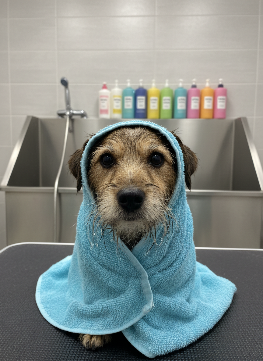 A small, wet terrier with expressive eyes wrapped snugly in a fluffy, sky-blue towel on a grooming table, tiny water droplets still beading on its whiskers. Behind the dog, a shiny stainless steel dog bath with a flexible sprayer and rows of colorful, neatly labeled shampoo and conditioner bottles line a tiled wall in soft gray. Bright but diffused overhead lighting enhances the clean, professional feel while casting gentle shadows. Photographic realism with a centered composition and shallow depth of field keeps the terrier’s cozy, content posture as the star, conveying a playful yet reassuring grooming bath moment.