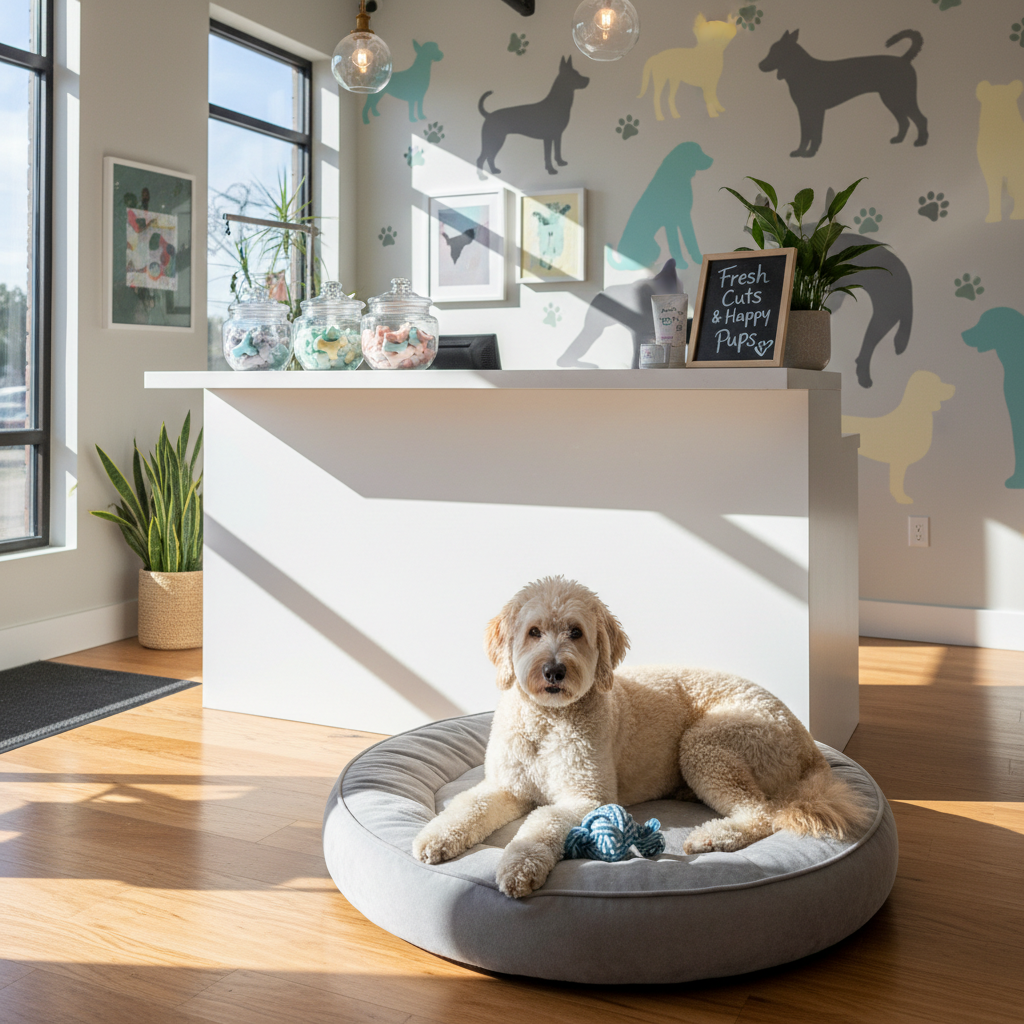 A cozy, modern dog grooming reception area with a low, white counter displaying glass jars of pastel-colored dog treats and a small chalkboard sign reading “Fresh Cuts & Happy Pups.” A medium-sized, curly-coated doodle with a fluffy, perfectly trimmed coat lounges on a cushioned dog bed in the foreground, a soft gingham toy at its paws. Natural afternoon light streams through a front window, softly illuminating polished wood floors and a wall mural of whimsical dog silhouettes. Photographic realism from a slightly elevated angle captures the calm, inviting mood and playful atmosphere of a boutique grooming salon.