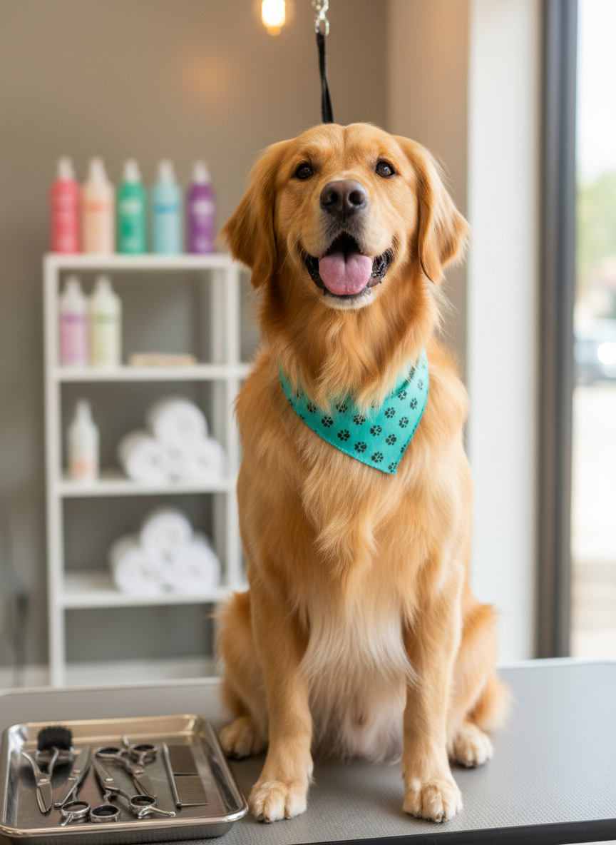 A freshly groomed golden retriever with a silky, brushed-out coat and a bright teal bandana printed with tiny paw prints, sitting proudly on a non-slip grooming table. Stainless steel grooming tools, neatly arranged on a nearby tray, subtly frame the scene. The salon background shows blurred, colorful shampoo bottles and tidy towels on white shelves. Soft, diffused daylight from a large window combines with warm overhead lighting, creating gentle highlights on the dog’s fur and a cheerful, welcoming glow. Photographic realism at eye-level with a shallow depth of field makes the dog’s happy, relaxed expression the clear focal point, embodying a playful, professional grooming experience.